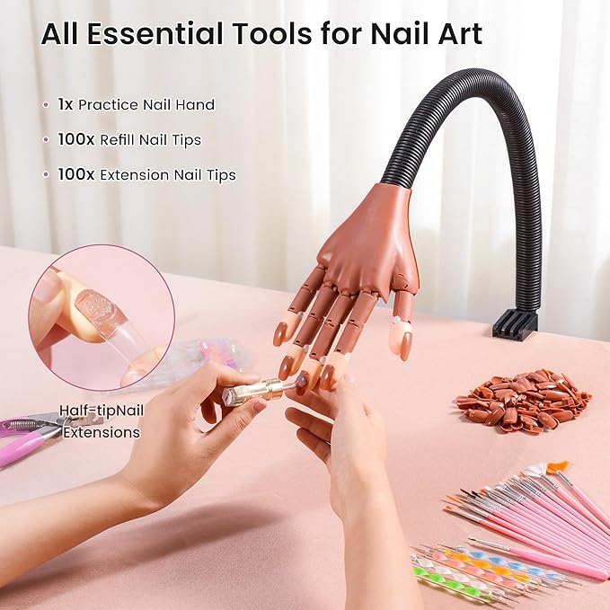 Rolybag Practice Hand for Acrylic Nails, Flexible Nail Practice Hands, Mannequin Hand for Nails Kit for Beginners, Movable Fake Hand with 200PCS Replacement Nail Tips