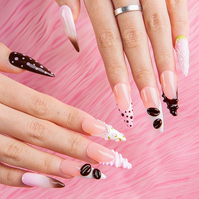 LOVFUL Short French Tip Press on Nails Cocoa Treat| Handmade Acrylic Press ons| Reusable Fake False Nails | Stiletto Classic Regular 1.3in | H737-M
