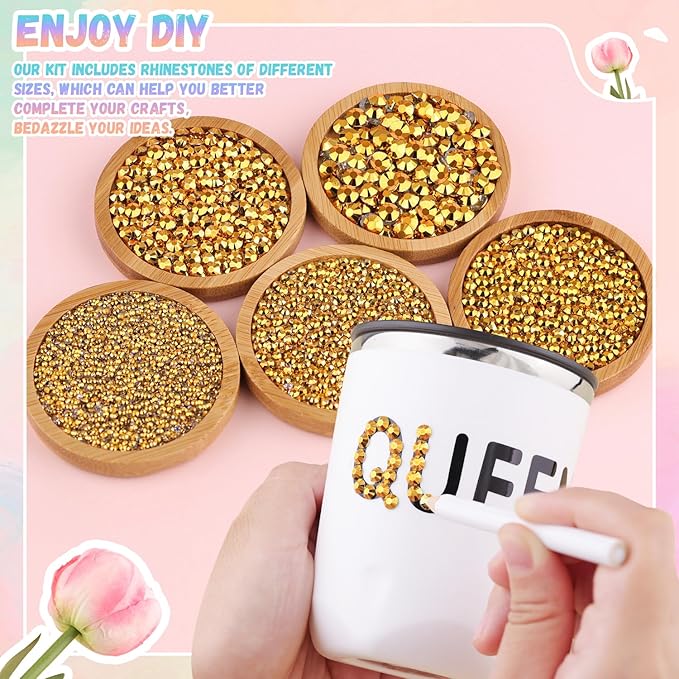 25000Pcs Resin Jelly Rhinestones with Tweezers for Crafting, 2-6mm Mixed Sizes (Copper Gold) Non Hotfix Flatback Gems, Bedazzling Crystal for DIY Crafts Clothing Tumblers Mugs Shoes Nail Art
