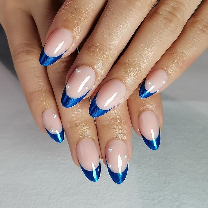 Press On Nails - Ocean | Blue Chrome French Tip with Pearl Design, UV Finish Almond Nails, Salon Quality | 32 Nails, 16 Sizes Kit with Glue and Adhesive Tabs I Female Founded