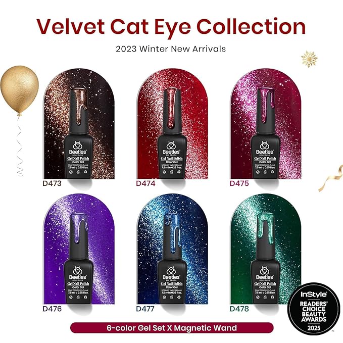 Beetles Cat Eye Gel Nail Polish Set, 6 Colors Glitter Gel Polish Kit Red Pink Shiny Brown Burgundy Purple Blue Green Magnetic Effect Sparkle Stunning Soak Off UV Manicure Gifts for Women