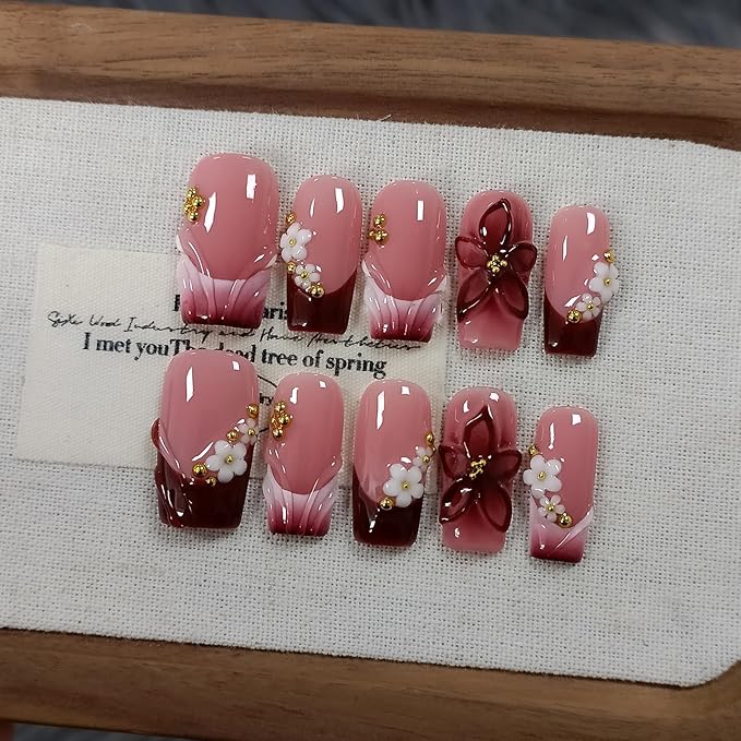 Sweet Cherry Red Press on Nails Medium Long Square - Sheer 3D Floral Pearl Embossed Glossy False Nails for Women Fall Winter Party-Acrylic Handmade French Tips Fake Nails for Makeup(M)
