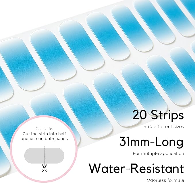 Semi Cured Gel Nail Strips - NAILOG 20 Pcs Gradient Blue Nail Stickers Extra Long Wraps with Glossy Gel Finishing for Summer, Frozen Mist