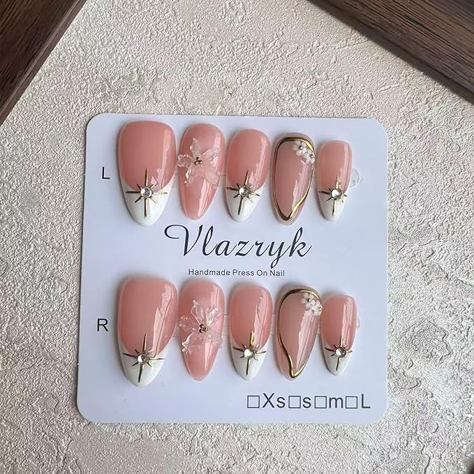 Short Brown French Tip Press On Nails ，3D Metallic Rhinestones style Design Handmade Press On Nails ，Reusable Glam Art Acrylic False Nails (10 PCS)