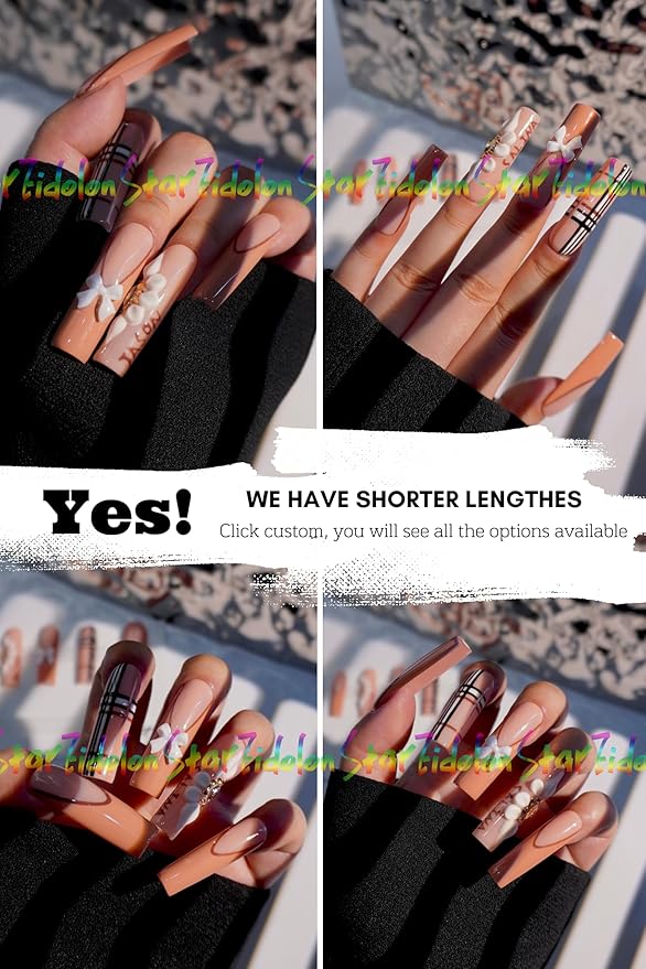 HAND-PAINTED White Press Ons Neon Small Press on Nails Long French Press on Nails Coffin Medium Short Nail art Fake Nail Art Kit with 7g Glue on Nails Handmade Almond Square Nails (TJ-5, X-Small)