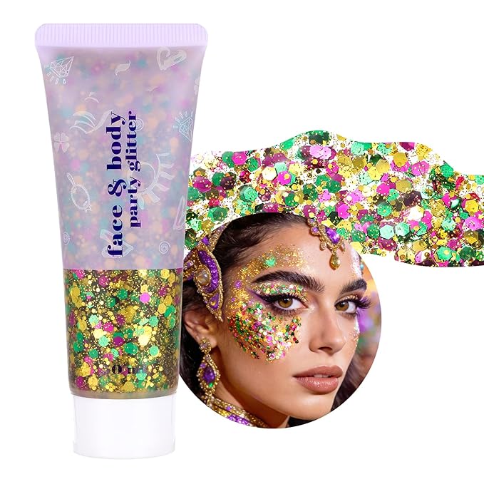 DAGEDA Mardi Gras Body Glitter Gel, Green Gold Purple Face Hair Glitter Carnival Accessories, Chunky Glitters for Mardi Gras Outfit Accessories,Laser Powder Hair Sparkles Festival Sequins Makeup