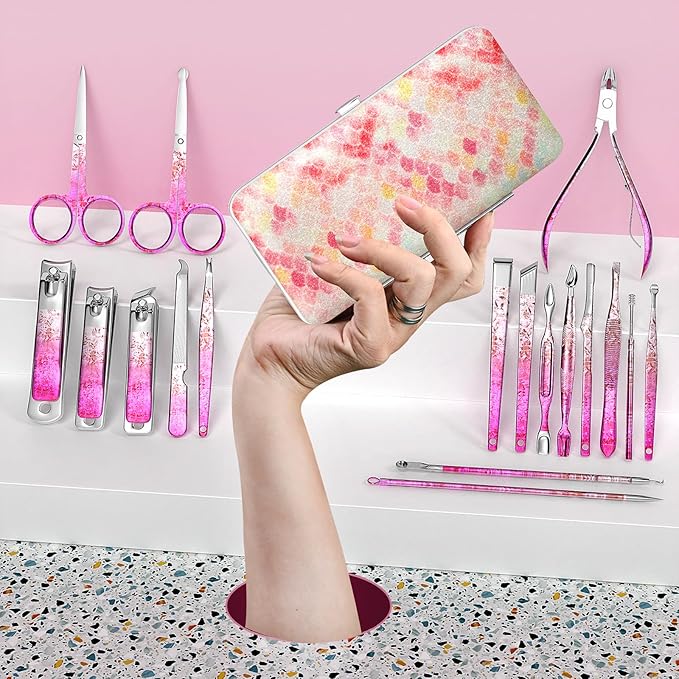 Nail Clippers Set Fingernail and Toenail Clipper Cutters, Professional Manicure Pedicure Kit 18Pcs, Nail Care Grooming Tools with Luxurious Travel Case (Diamond Rose)