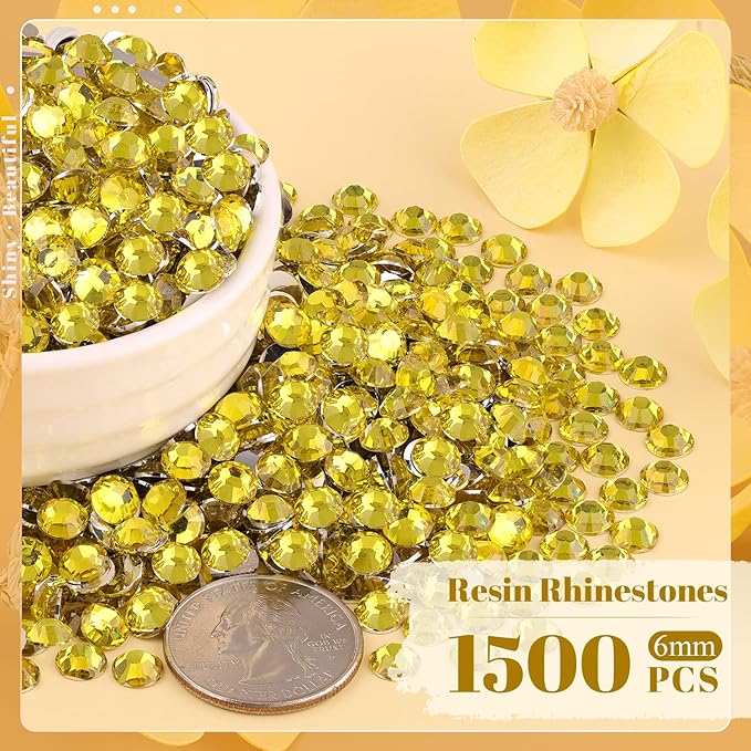 1500PCS 6mm Resin Rhinestones Bulk for Crafting (Lemon Yellow), Flatback Bedazzling Crystals for Crafts DIY Nail Decoration, Gems Charms for Tumbler Shoes Clothing Fabric with Pickup Pen and Tweezers
