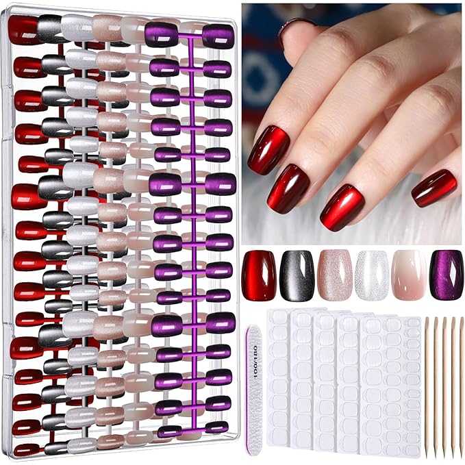 FANDAMEI Cat Eye Press On Nails, 6 Colors Press On Nails Short Square, Natural Fake Nails Fine Diamond Shine, Glossy Ombre, Cat Eye Nails for Women with Salon Quality, Press on Nails Kit