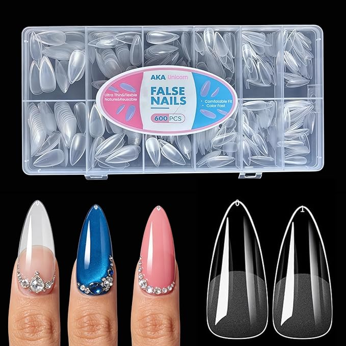 600Pcs Nail Tips Almond,12 Sizes Soft Gel Nail Tip, Pre Filed Half Matte Full Cover Nail Tips Acrylic Gel Tips Nail Kit Press on Nails for Extension Nail Manicure Home DIY