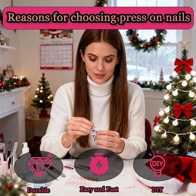 24pcs Black Snow Medium Almond Press On Nails, Reusable Nail Kit with Adhesive Tabs for Daily party and Christmas, 10 Sizes (Black Snow)