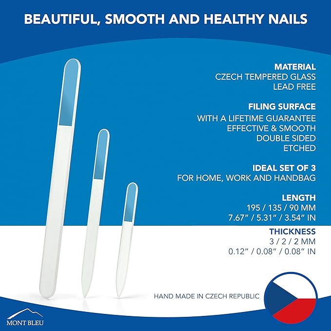 Nail File for Women - Mont Bleu Premium Set of 3 Glass Nail Files in Pouch - Genuine Czech Tempered Glass - Handmade Gifts for Women - Manicure Nail Care - Double Sided Finger Nail Files