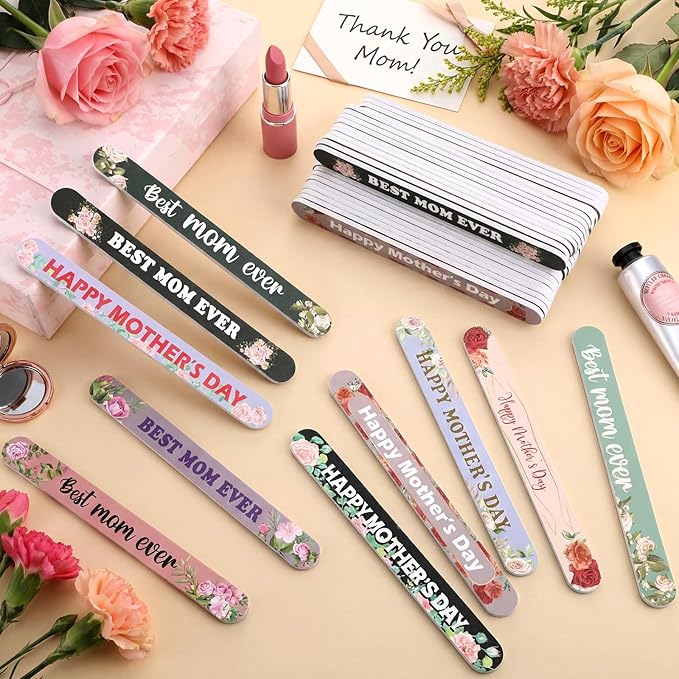 Therwen 50 Pcs Mother's Day Gifts Bulk Floral Christian Nail File Small Mom Women Church Gift Bulk Double Sided Emery Board Nail Files Manicure Tools for Mother's Day Party Supplies