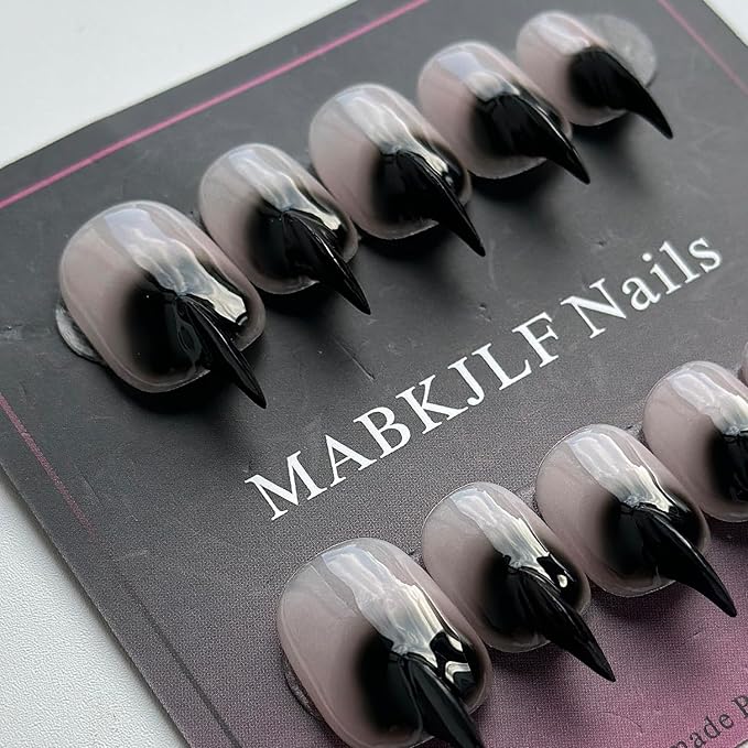 Halloween Press on Nails Luxury Short Stiletto Handmade Cat Claw Unique Reusable ABS Material Black Fake Nails Eagle Claw False Nails Gradient Glossy Glue on Nail Curved Thick Acrylic Nail(S)