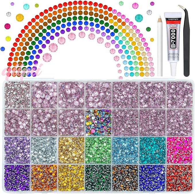 28 Grids Light Pink 2mm-6mm Resin Rhinestones w B7000 Glue for Bedazzling Crafting Colorful Flatback Stones Diamonds Crystals Gems Bedazzler Kit for Nails Face Eyes Makeup Tumblers DIY Crafts