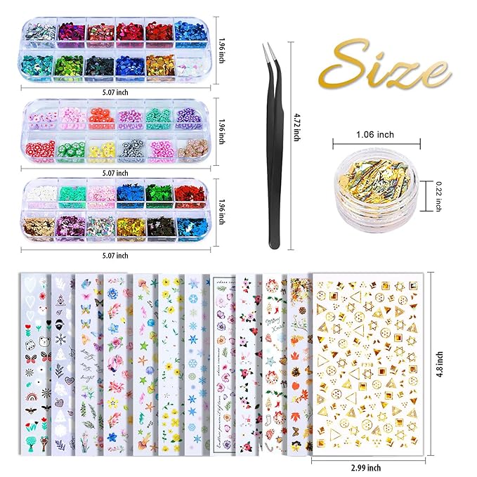 Nail Art Sticker, 12 Sheets Nail Art Stickers Flower Nail Stickers Decal 3D Self-Adhesive, Teenitor Nail Art Decoration with Nail Glitter Butterfly Sequins Nail Foils Nail Flower Slices
