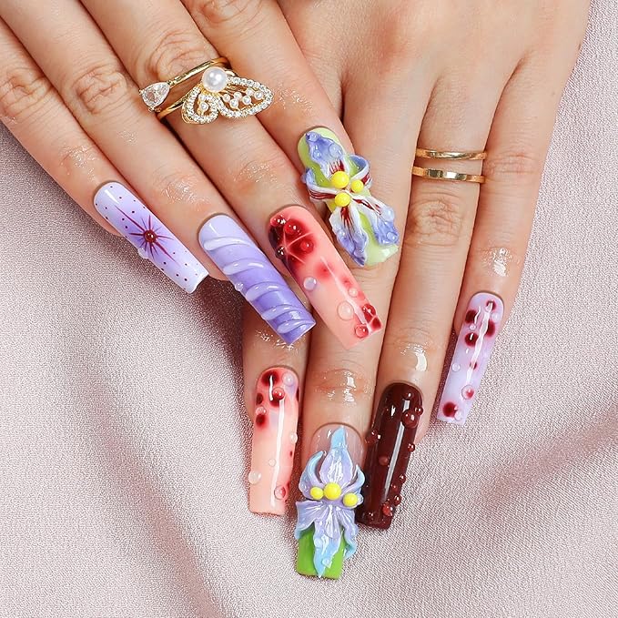 Flower Press on Nails Handmade Long Coffin Muti-Layer Gel Fake Nails Gradient Floral 3D Waterdrop Pattern Design Spring Summer Multicolor Thick False Nails French Tip Acrylic Nails for Women (Size M)