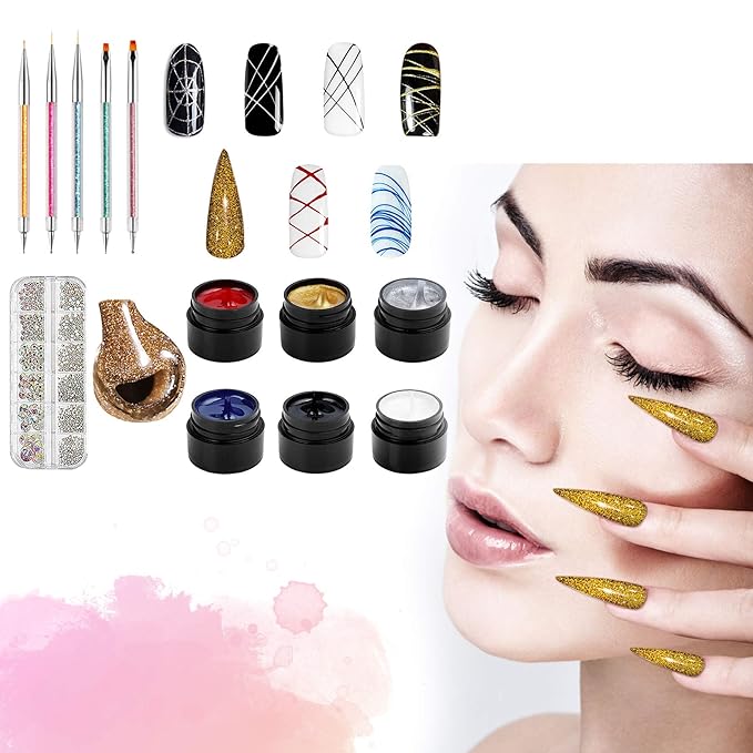Vtrem 6 Colors 8ML Spider Gel Set with 5 PCs Double Ended Point Drill Drawing Brush Pen + Nail Rhinestones, Matrix Gel with Gel Paint Design Nail Art Kit Wire Drawing Nail Gel for Line