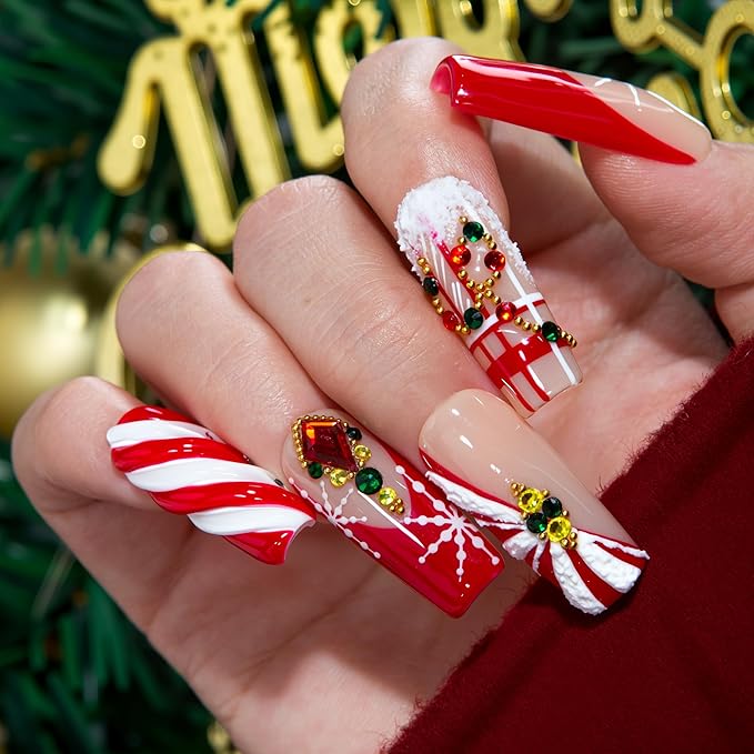 LOVFUL Short French Tip Press on Nails Candy Noel | Handmade Acrylic Press ons| Reusable Fake False Nails | Square Classic Regular 1.3in | H675-M