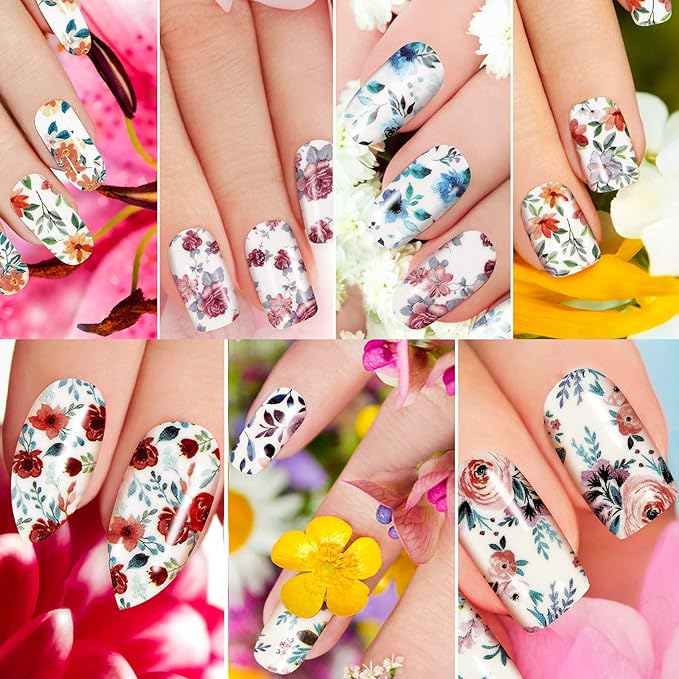 168 Pcs 12 Sheets Full Wraps Nail Polish Stickers Flower Print Self-Adhesive Nail Decal Strips with File Manicure Kits Colorful Flower Full Cover Decal Strips for Women DIY Decoration(Bright Style)
