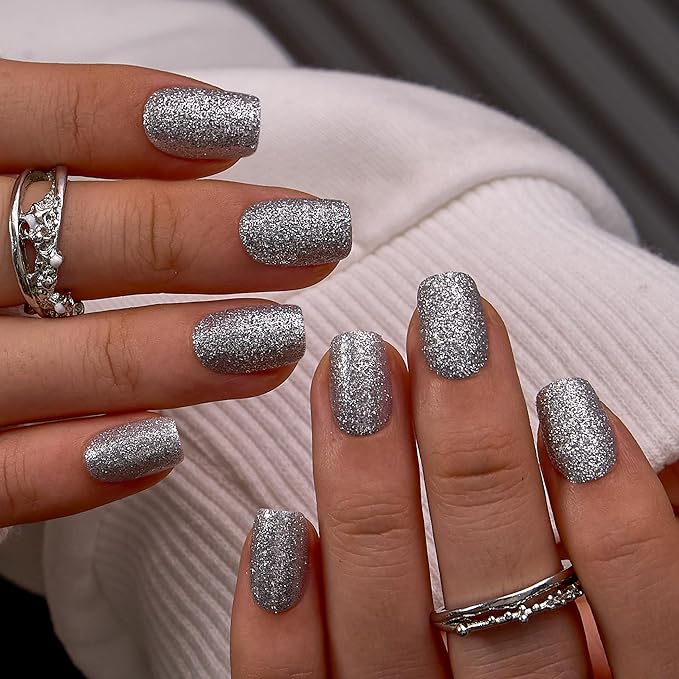 CurvLife Press On Nails Short Square Silver Sparkle Glitter, High-Shine Shimmer Finish Soft Gel Fake Nails, Reusable Salon-Style Manicure for Women Teens Beginners, 30pcs, Party Night Out