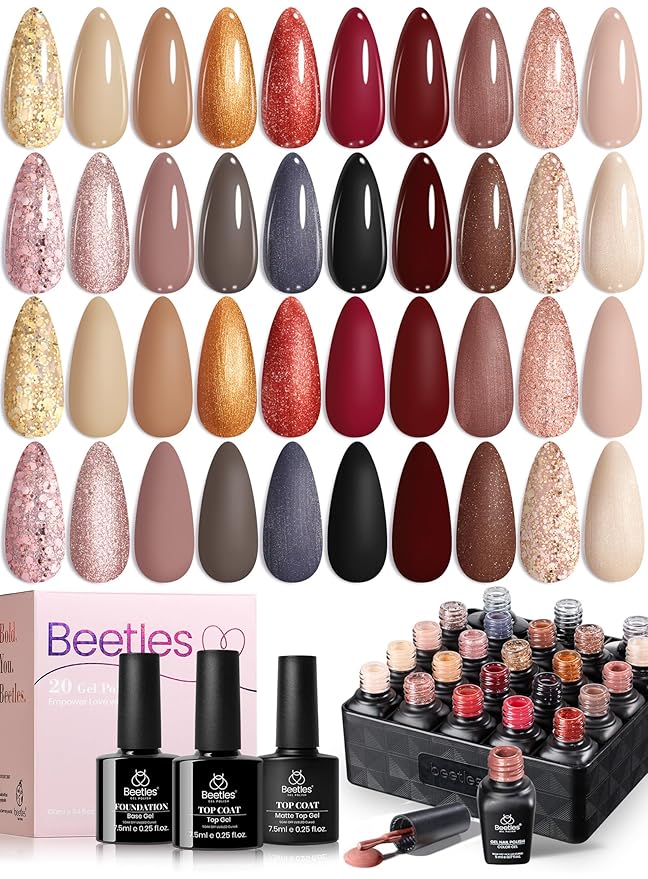 Beetles Gel Nail Polish Set - 20 Colors Warm Mist Gel Nail Kit Burgundy Brown Nude Gold Glitter Gray Shimmer Soak Off Base&Top Coat Uv Led Home DIY Salon Nail Art Valentines Gift Set for Women