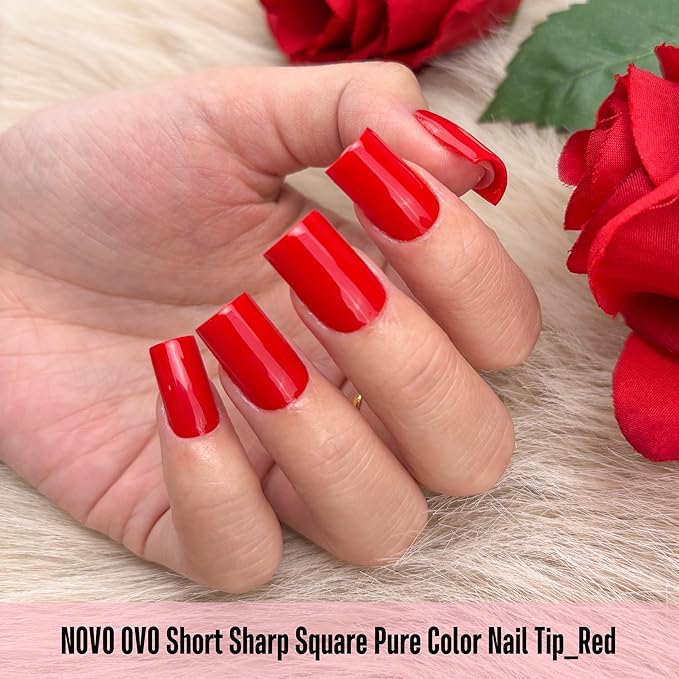 NOVO OVO Short Sharp Square Nail Tips Press on Pure Color Red, Need Builder Gel Top Coat Nail Glue, Soft Gel Matte Fake Nail Extension, Full Cover False Nails for Salon DIY x 15 Sizes 180 pcs