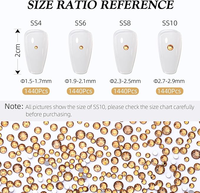 Topaz Flatback Rhinestones, Glass Rhinestones for Nail Art and Craft, Glue Fix, Loose Crystal Gemstones(Topaz, SS10, 1440pcs, 2.7-2.8mm)