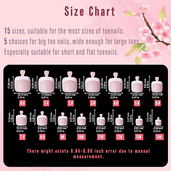 NOVO OVO Fake Toe Nail Tips Press on, French Tip Soft Gel Toenail Extension, BABY PINK Square Round Pre-applied Tip Primer & Base Coat, Full Cover Matte False Nails for DIY x 15 Sizes 360Pcs