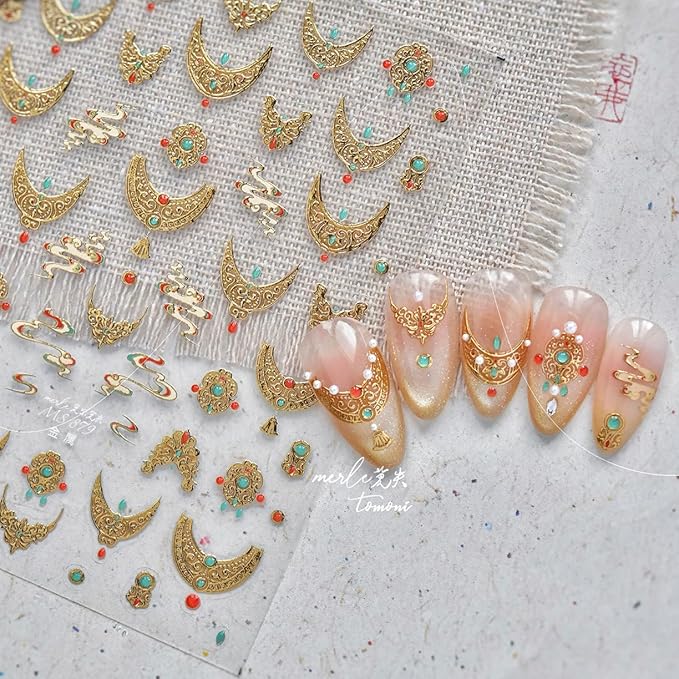Gold Nail Stickers Golden Frame Nail Art Decals French Tip Nail Art Stickers with Design 5D Embossed Self Adhesive Nails Charms for Women Girls Manicure Decoration Accessories 2 Sheets