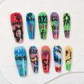 Sun&Beam Nails Handmade Press-on Long Coffin Ballerina Red Blue Hand-Painted Summer Glam Design Fashion False Nail Tips 10 Pcs Set (#270 S)