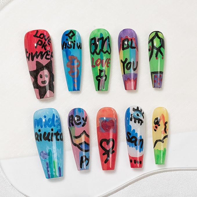 Sun&Beam Nails Handmade Press-on Long Coffin Ballerina Red Blue Hand-Painted Summer Glam Design Fashion False Nail Tips 10 Pcs Set (#270 L)