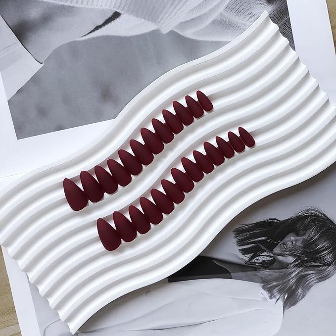 Matte Dark Red Press on Nails Almond Shaped Medium Almond Nails Press on Neutral Acrylic Nails Reusable Fake Nails for Women Glue on Nails Medium Stiletto False Nails Soft Gel Artificial Nails