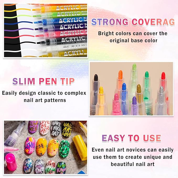 60 Colors Nail Art Pens Set Nail Polish Pens Nail Art Drawing Graffiti Marker Pen Quick Dry Waterproof Nail Art Painting Pens Kit for Home DIY Nail Art Design