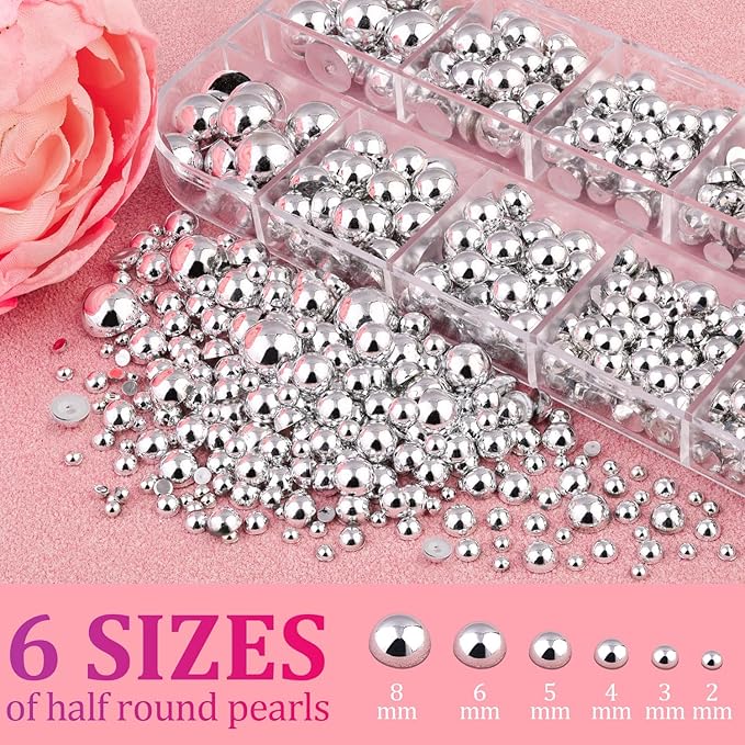 Belleboost Silver Nail Charms and Gems, 2 Boxes Half Round Flatback Pearl Nail Charms, Nail Pearls Rhinestones Silver Beads for Nails with Pencil and Tweezer for DIY Nail Art, Face Makeup and Crafting