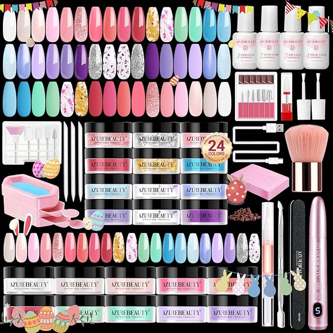 AZUREBEAUTY Dip Powder Nail Kit with Electric Nail Drill 24 Colors Spring Summer Macarons Purple Pink Nail Starter Kit with Dip Liquids Base Top Coat Activator Portable French Art Essential Easter Set