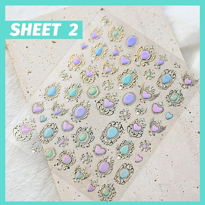 Holographic Heart Nail Art Stickers, Aurora Nail Decals, Self-Adhesive, Golden Nail Accessories for Women, Nail Decorations 3 Sheets