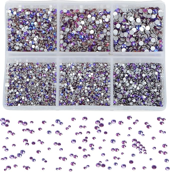 Bymitel 7200 Pieces 6 Mixed Sizes Glue Fix on Glass Rhinestones Round Crystal Gems Flatback for DIY Jewelry Making with one Picking Pen(6-Sizes 7200PCS, Purple Velvet)