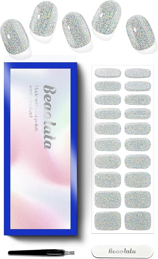 Semi Cured Gel Nail Strips - UV Light Gel Nail Stickers - 20 Long Lasting Salon Quality Wraps (Silver Queen of Frosting)