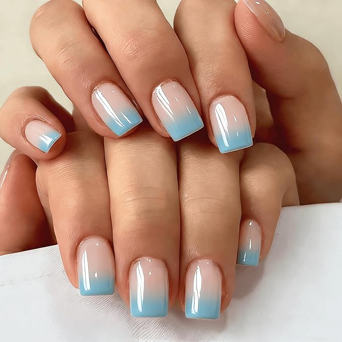 Chrome Ombre Cyan Blue Press on Nails Short Square, Glazed Cute Fake Nails with Sparkle Mirror Design, Shiny Glitter Glue on Nails Short, Gradient Nude Gel Nail Press ons with Glue 30 Pcs