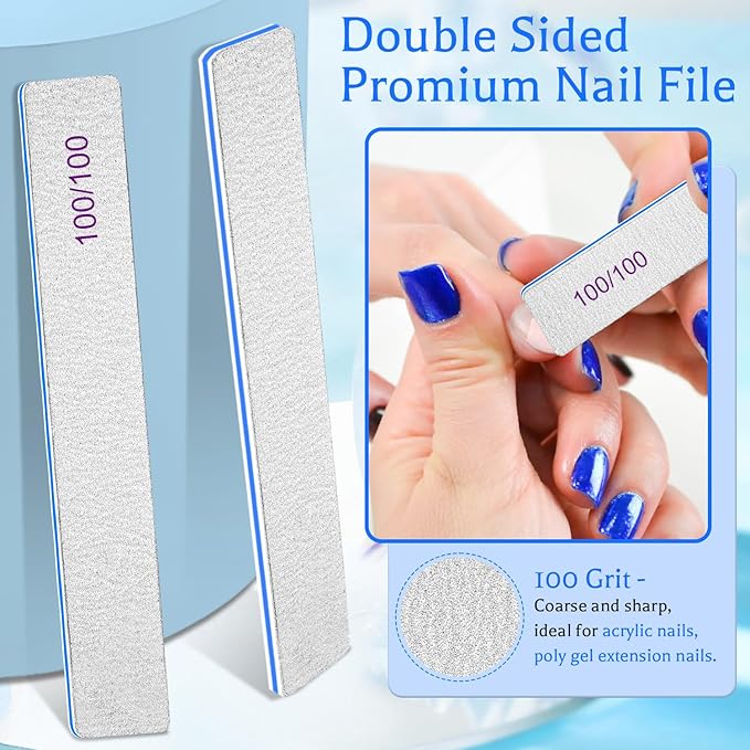 BLESWIN 25PCS Nail File Professional, 100/100 Grit Nail Files Reusable for Acrylic Nail, Double Sided Nail File for Fake Nail, Suitable for Nail Tech or Pet
