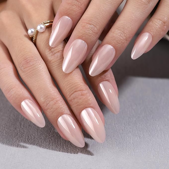 Press On Nails - Glazed Doughnut | Chrome Glazed Long Almond Fake Nails Tip, Salon Quality | 32 Nails, 16 Sizes Kit with Glue and Adhesive Tabs I Female Founded - Beauty, Self Care