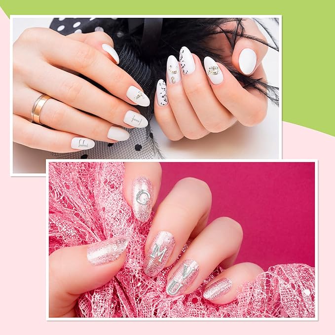 Maitys 104 Pieces Letter Nail Silver Studs 3D Capital Charms Letters and Rhinestone Crystal Nail Decals English Alphabet Fingernail Art Decoration for Women Female DIY Fingernail Art