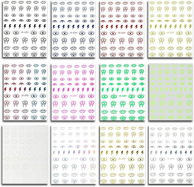 12 Colors Evil Eyes Nail Art Stickers, 3D Funny Eye Self-Adhesive Sticker Design, Laser Gold Silver Red Black White Pink Yellow Green Eyes Nail Transfer Decals for Women Manicure Decorations