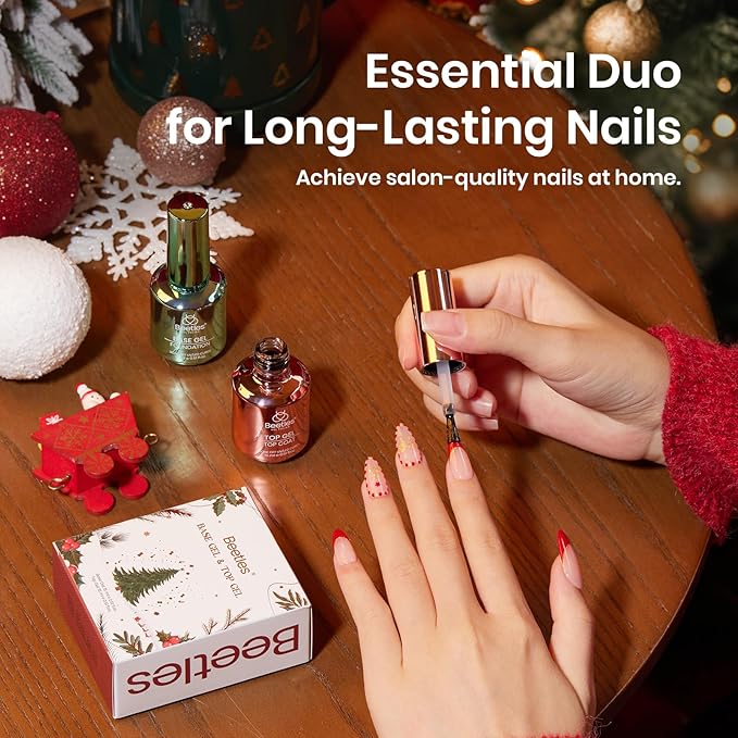 Beetles No Wipe Gel Top Coat and Base Coat Set, 2 Pcs 15ml Top Coat Nail Polish & Gel Base Shine Finish Long Lasting, Soak Off LED Lamp Nail Art Design Manicure Gifts for Women