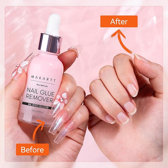 Makartt Hema-Free Press on Nail Glue Remover: Updated Formula with Vitamin E | Glue Debonder with 5 Wooden Sticks,1 Dropper Applicator for Quicker Application, Non-Acetone Glues 30 ml