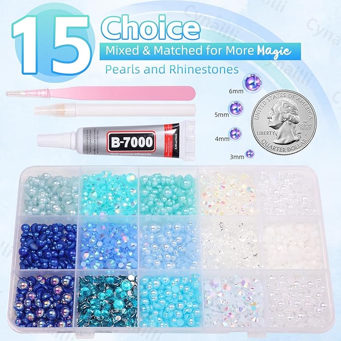 15 Grids Pearls and Resin Rhinestones for Crafting, Blue White Bedazzling Gems Kit, Jelly Resin Rhinestones for Nails Face Eyes Makeup Crafts Tumblers Bottles