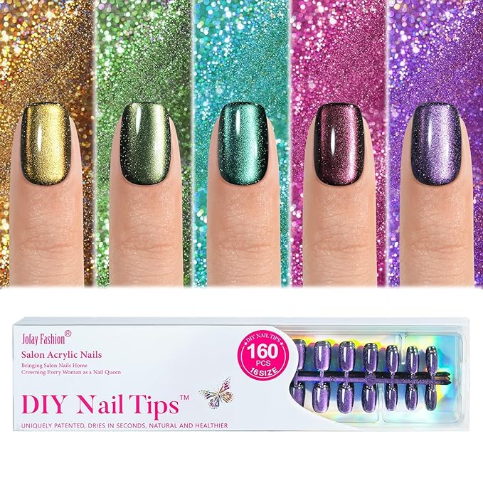 Press on Nails Short Square - Cat Eye Press on Nails, 5 Styles Soft Gel x Coat Nails False Nails, Bt Art Box Press On Nails in 16 Sizes -160PCS Soft Gel Fake Nails Kit