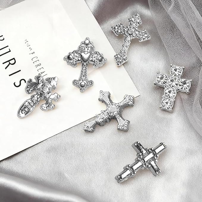 3D Alloy Metal Crystal Cross Nail Charms - 60 Pcs Ideal for Women and Girls' DIY Punk Nail Art, with Rhinestones, Great for Salons & Fashion Events (60, Silvery)
