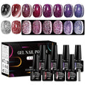 MEET ACROSS 9Pcs Cat Eye Gel Nail Polish Set Glitter Purple Red Black Magnetic Gel Polish Kit with Magnet, Soak Off UV/LED Cateye Nail Polish DIY Manicure Kit 8 Colors
